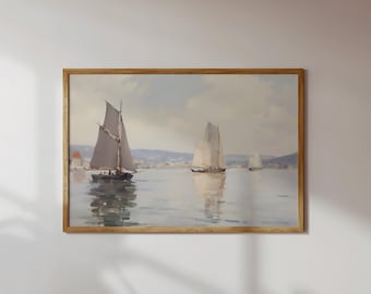 Vintage Nautical Oil Painting  Neutral Sailboat Seascape Print  Wall Art