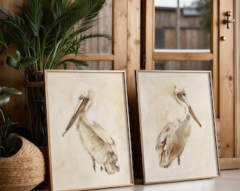 Pelican Artwork, Minimalist Coastal Room Decor, Modern Fine Art Posters, set of 2