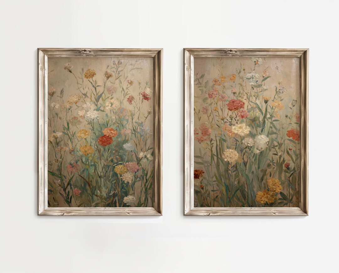Wildflower Field Canvas Art Set: Vintage Botanical Landscape, Modern ...