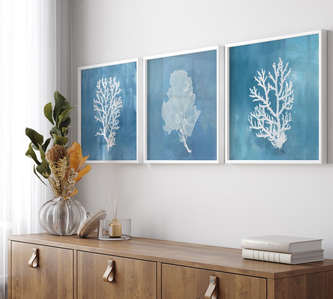 Light Blue Coral Print Set: Coastal Beach House Wall Art - Etsy