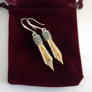 Pen Nib Earrings in Gold or Silver colour in gift Velvet Pouch with no allergic Sterling Silver 925 ear wire closure