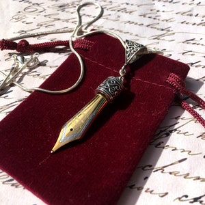 Pen Nib Pendant Necklace in Gold or Silver colour in gift Velvet Pouch, great gift for writer, author, poet, calligrapher or graduation gift