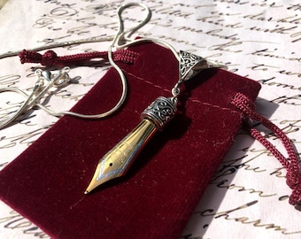 Pen Nib Pendant Necklace in Gold or Silver colour in gift Velvet Pouch, great gift for writer, author, poet, calligrapher or graduation gift