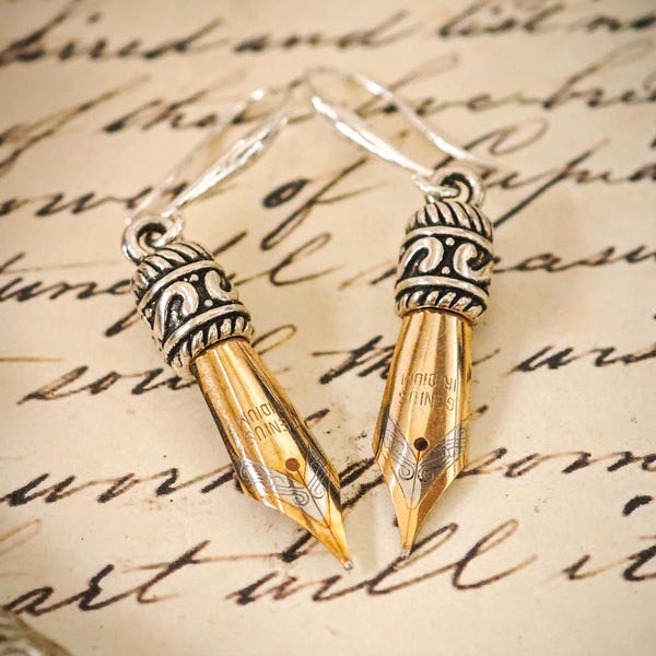 Pen Nib Earrings in Gold or Silver colour in gift Velvet Pouch with no allergic Sterling Silver 925 ear wire closure for Writers, Poets