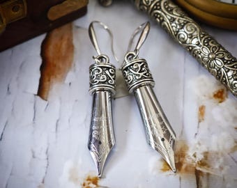 Handmade Pen Nib Earrings – Gold or Silver –  Inspirational gift for Writer, Author, Publicist, Teacher, Book Lover, Silver-Plated Ear Wires