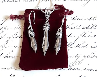Set of Pen nib Earrings and Necklace with Silver 925 ear wires in Gold or Silver color in a Velvet pouch as a gift for writer, calligrapher