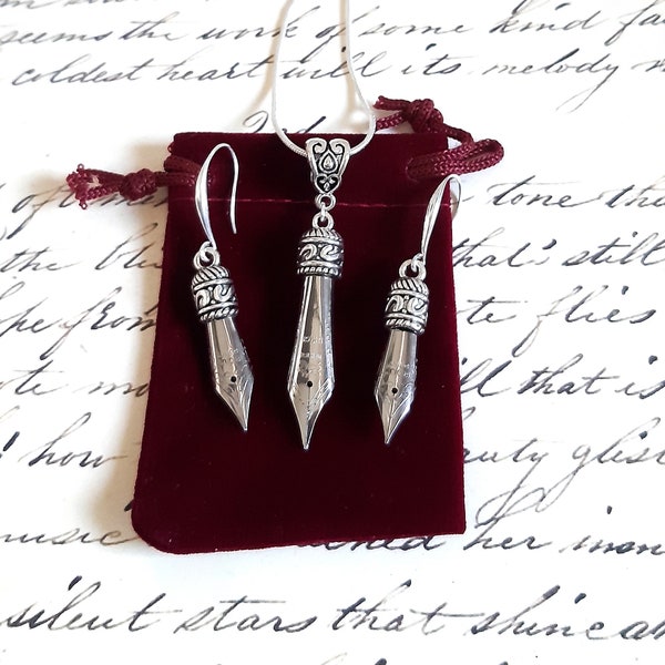 Set of Pen nib Earrings and Necklace with Silver 925 ear wires in Gold or Silver color in a Velvet pouch as a gift for writer, calligrapher