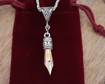 Pen Nib Pendant Necklace in Gold or Silver colour in gift Velvet Pouch, great gift for writer, author, poet, calligrapher or graduation gift