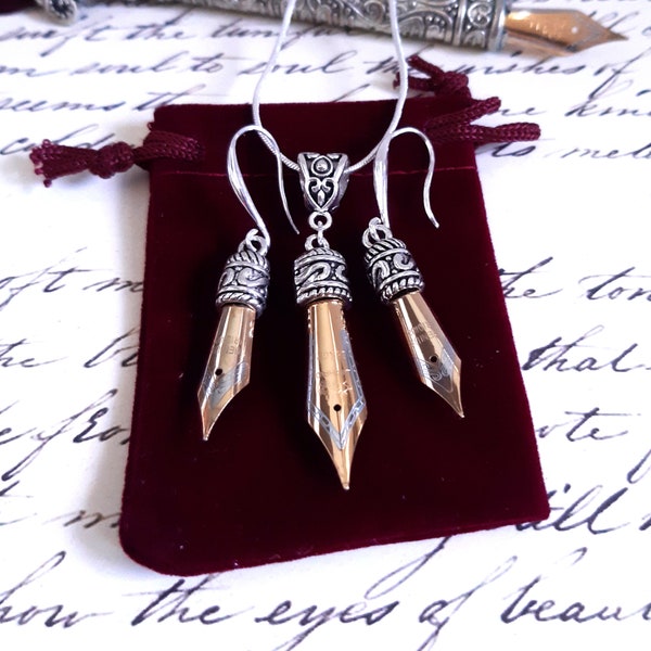 Set of Pen nib Earrings and Necklace with Silver 925 ear wires in Gold or Silver color in a Velvet pouch as a gift for writer, calligrapher