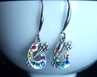 Earrings Antique Silver Pallet with glass paints. Silver 925 ear wire. As a gift for watercolor, acrylic, oil artists.
