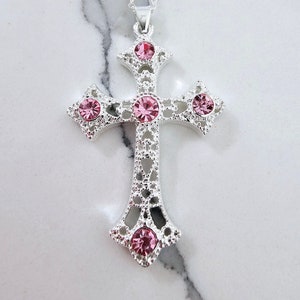 FREE SHIPPING * Pink Stainless Steel Cruxifix Cross Necklace with 18 inch Chain included * Pink Crystal Crucifix Cross Necklace *