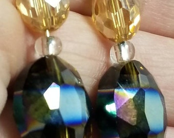 Iridescent Mercury Stripped Gold Crystal Earrings * gold crystal earrings * gold iridescent earrings * mercury stripped earrings *