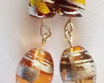 Amber glass earrings w/ silver & gold * Amber silver gold glass earrings * Glass earrings * Glass silver gold jewelry * metallic gold silver