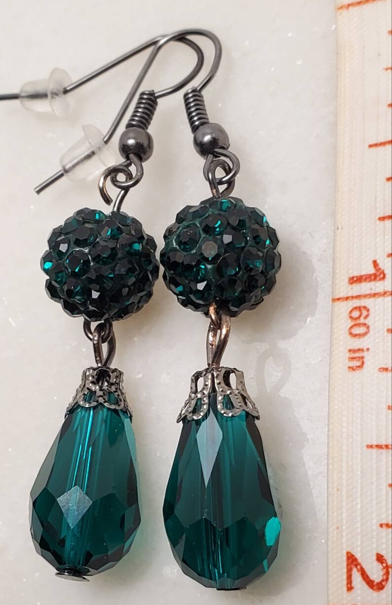 Green Teardrop Pave Ball Antique Black Filigree Earrings Etsy