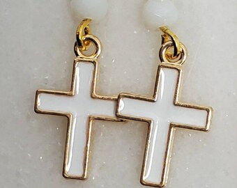 Sweet Gold White Dainty Cross earrings, Easter Crosses, white crucifix, gold cross, religious earrings, dainty gold, white communion crosses