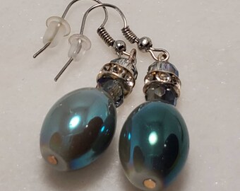 Glass Seafoam Sparkle Earrings *  teal glass earrings * light green glass earrings *  gradual darkening seafoam to teal glass earrings *