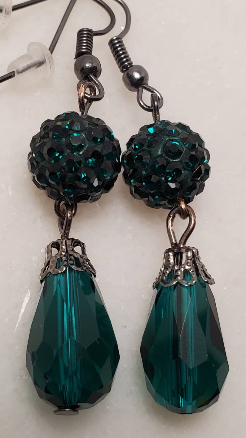 Green Teardrop Pave Ball Antique Black Filigree Earrings Etsy