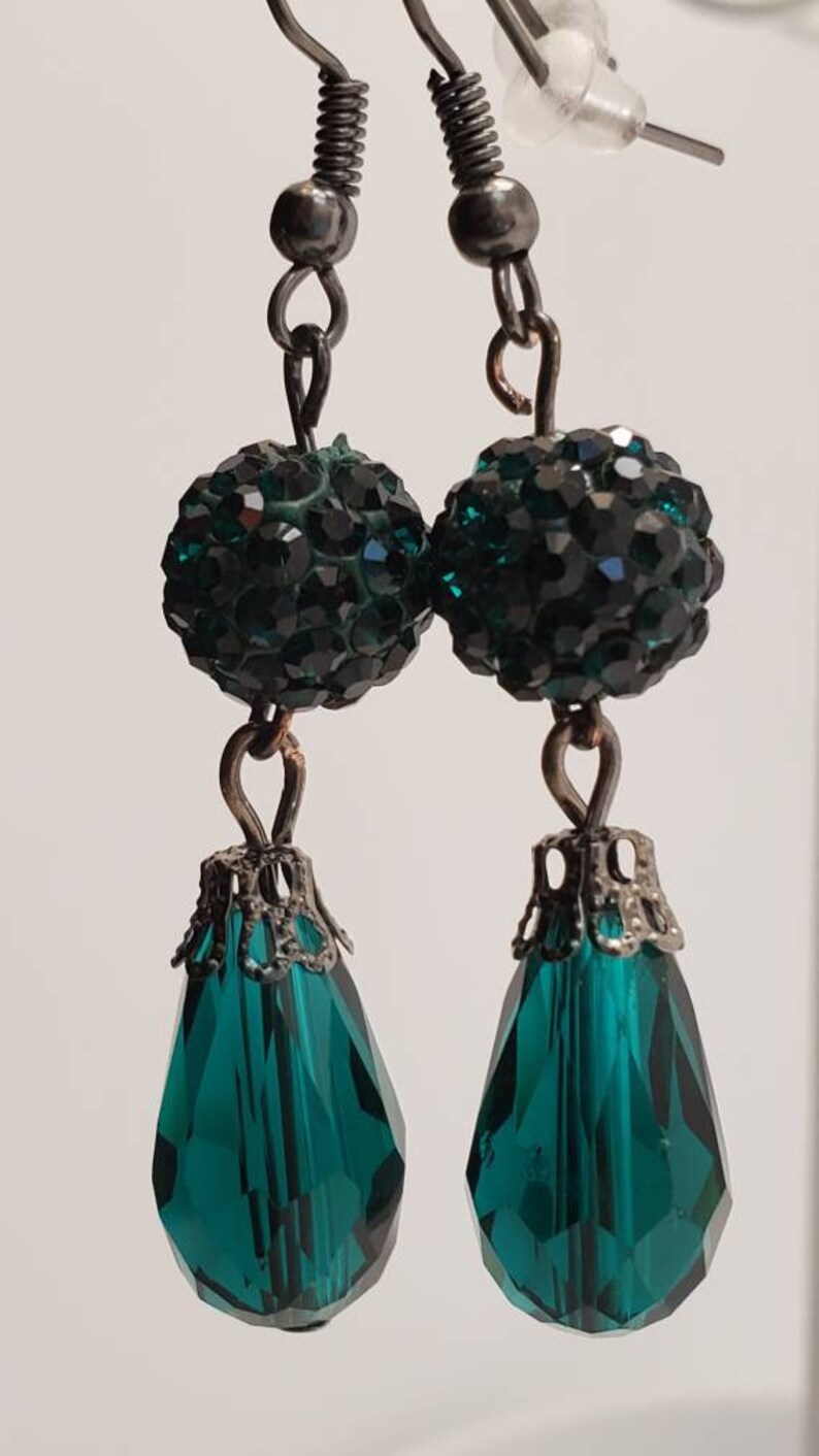 Green Teardrop Pave Ball Antique Black Filigree Earrings Etsy