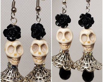 Day of the Dead Steampunk Skull w/ Black Rose Grateful Dead Halloween Skeleton with Ruff Earrings * sugar Skull earrings * scary skeleton *