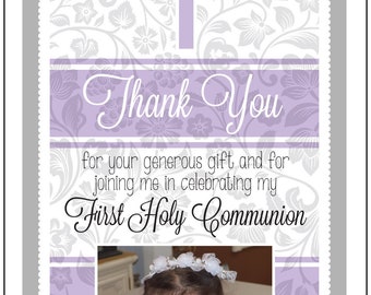 First Communion Floral Thank You Card Printable Digital File 3" x 6.25"