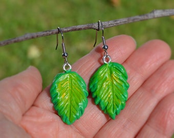 Green Leaf Clay Dangle Earrings