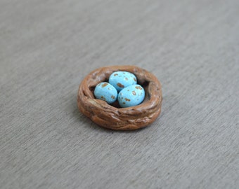 Tiny Birds Nest and Eggs Clay Figurine