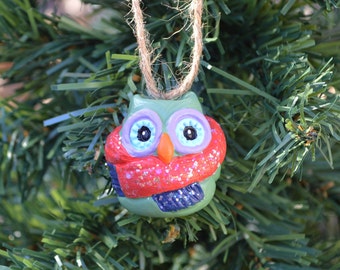 Clay Owl with Scarf Christmas Tree Ornament - Short