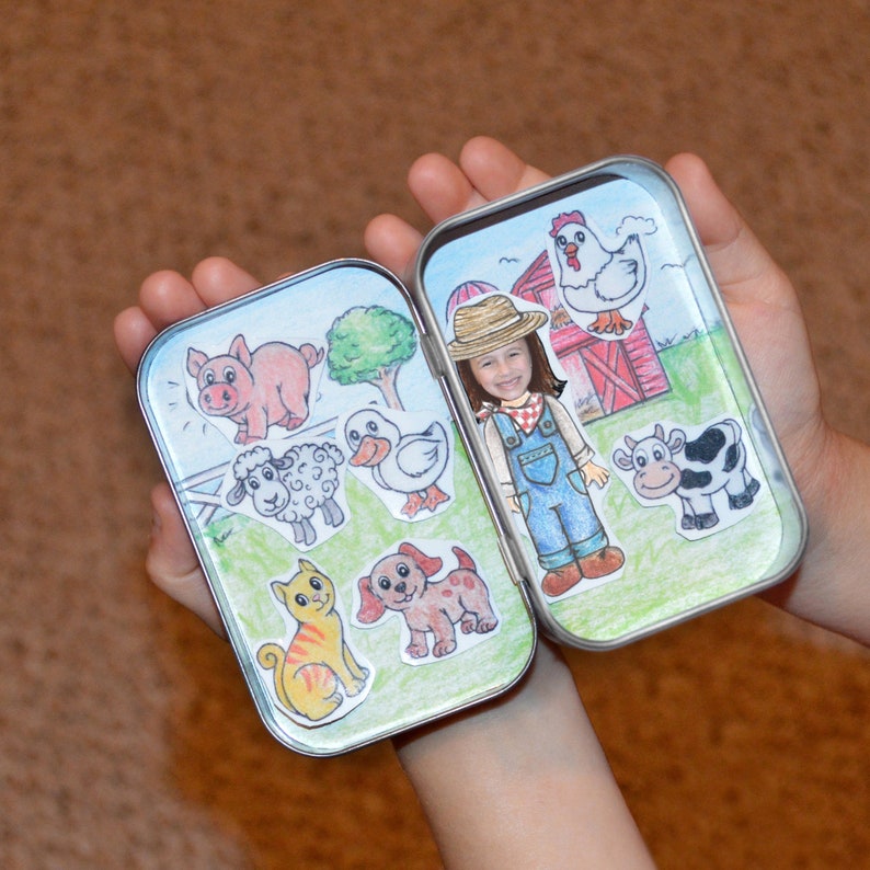 Farm Theme Mini Magnetic Tin Box Playset Personalized with Name and Photo image 1