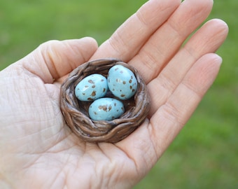 Small Birds Nest and Eggs Clay Figurine