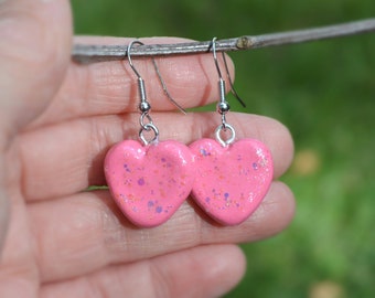 Pink Heart Clay Dangle Earrings