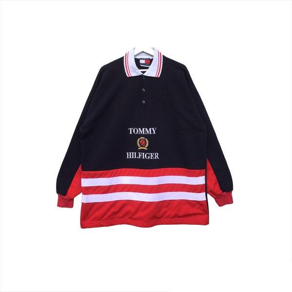 VINTAGE!!! 90s Tommy Hilfiger rugby embroidery logo XL size Blue/red/stripes