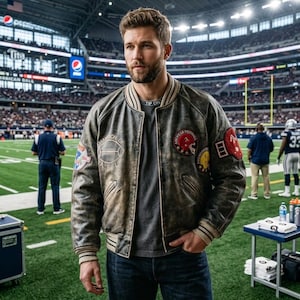Könnte beinhalten: Eine abgenutzte braune Leder-Collegejacke mit verschiedenen gestickten Aufnähern, darunter eine Football-Grafik mit dem Text Champion of AFL, ein roter Helm-Aufnäher sowie gestreifte Rippbündchen, getragen über einem grauen T-Shirt.