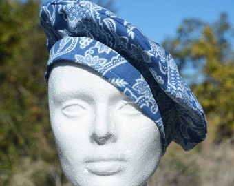 Floral Beret, Cap, Hat, Tam, Scottish, French, Lined, Blue White