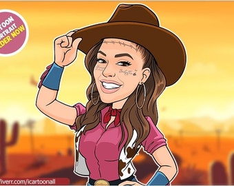 cowgirl cartoon/cartoon girl with tumbler / cartoon portrait/ cartoon logo/ caricature drawing/ character drawing / caricature