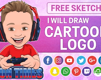 Cartoon logo for YouTube gaming channel, Twitch, mixer, YouTube, Cartoon logo, Character drawing, Cartoon portrait, Caricature drawing, Logo