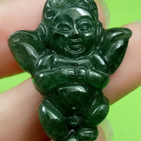 Certifié Oily Green Burma Natural A Jade Jadeite Handmade Carved Little Angel Pendentif 1212