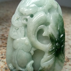 Certified Green Natural Grade A Jade jadeite | Handmade Carved Pendant Gold Fish Lotus 376