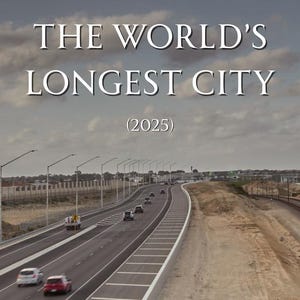 Może przedstawiać: Okładka książki z tytułem "THE WORLD'S LONGEST CITY" i rokiem (2025). Przedstawia autostradę z samochodami, zachmurzone niebo i nazwisko autora, Harry Cunningham.