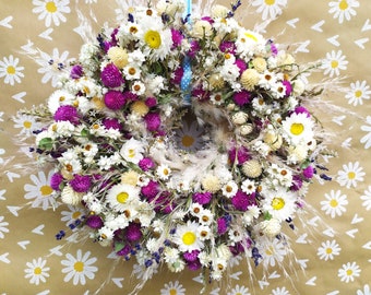 Natural wreath with immortelle, amaranth, lavender and pampas grass (harvest 2023) in 2 versions, 28 cm