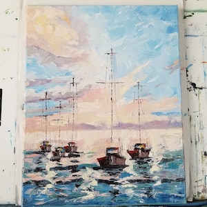 Abstract oil Painting Sunset,  ocean, boats