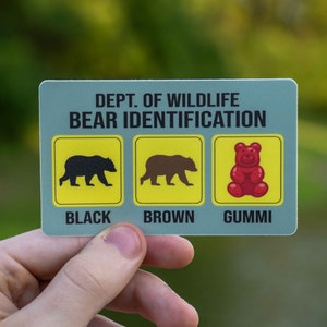 Pu&ograve; includere: Una carta tenuta in mano, con il testo "DEPT. OF WILDLIFE BEAR IDENTIFICATION". La carta mostra illustrazioni di un orso nero, un orso bruno e un orsetto gommoso rosso, etichettati "BLACK", "BROWN" e "GUMMI".
