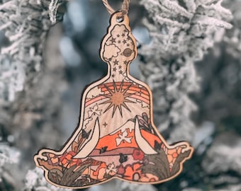 Adorno navideño de yoga en la naturaleza, adorno de yoga de madera, adorno navideño de yoga, adorno de madera