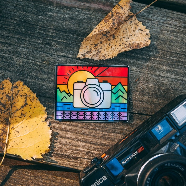 Pride Flag Holographic Explorer Photographer Camera - Photography Sticker, Nalgene Water Bottle Sticker, Hiking Bumper Sticker