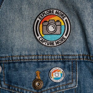 Explore More - Capture More - Patch and Enamel Lapel Pin SET, Camera - Photography Embroidered  Patch, Camera Lapel Pin