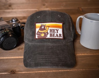 Hey Bear Woven Patch Corduroy Hat, Olive Camping Dad Hat, Outdoors Nature Corduroy Cap, Mens Womens, National Park Gift, Unisex, Coffee Hat