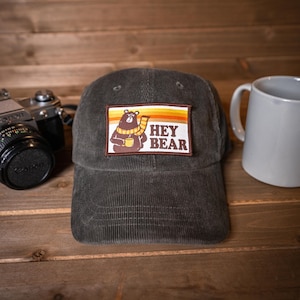 Hey Bear Woven Patch Corduroy Hat, Olive Camping Dad Hat, Outdoors Nature Corduroy Cap, Mens Womens, National Park Gift, Unisex, Coffee Hat