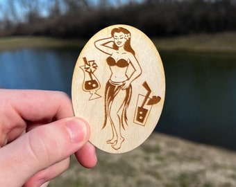 Vintage Tiki Girl Wooden Sticker, Premium Hula Girl Wooden Sticker Decal