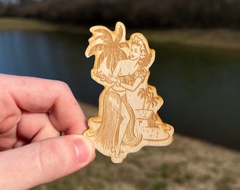 Vintage Tiki Girl Wooden Sticker, Premium Hula Girl Wooden Sticker Decal