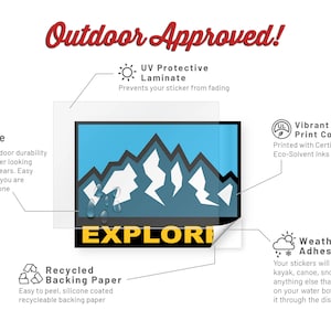 May include: A durable, weatherproof sticker featuring a mountain design and the word "EXPLORE" in yellow. The sticker has UV protection and vibrant colours. The backing paper is recycled and easy to peel.