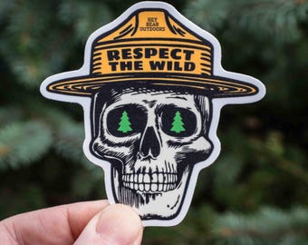 Respect The Wild Sticker, Bushcraft Sticker, Flaming Skull,National Park Car Sticker, Nalgene, Hiking Bumper Sticker, Outdoors Car Decal